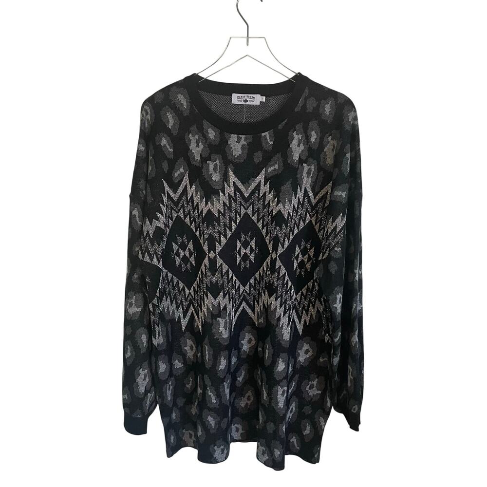NWT Crazy Train Womens Black & Silver Sparkly Tunic Sweater Aztec Leopard Size L